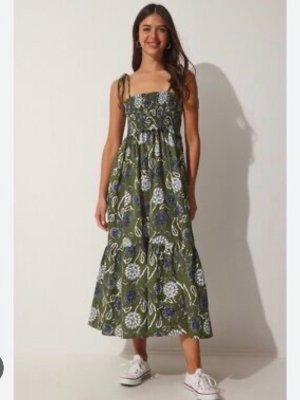 Zara Olive Green Floral Maxi Dress with Blue and White Print